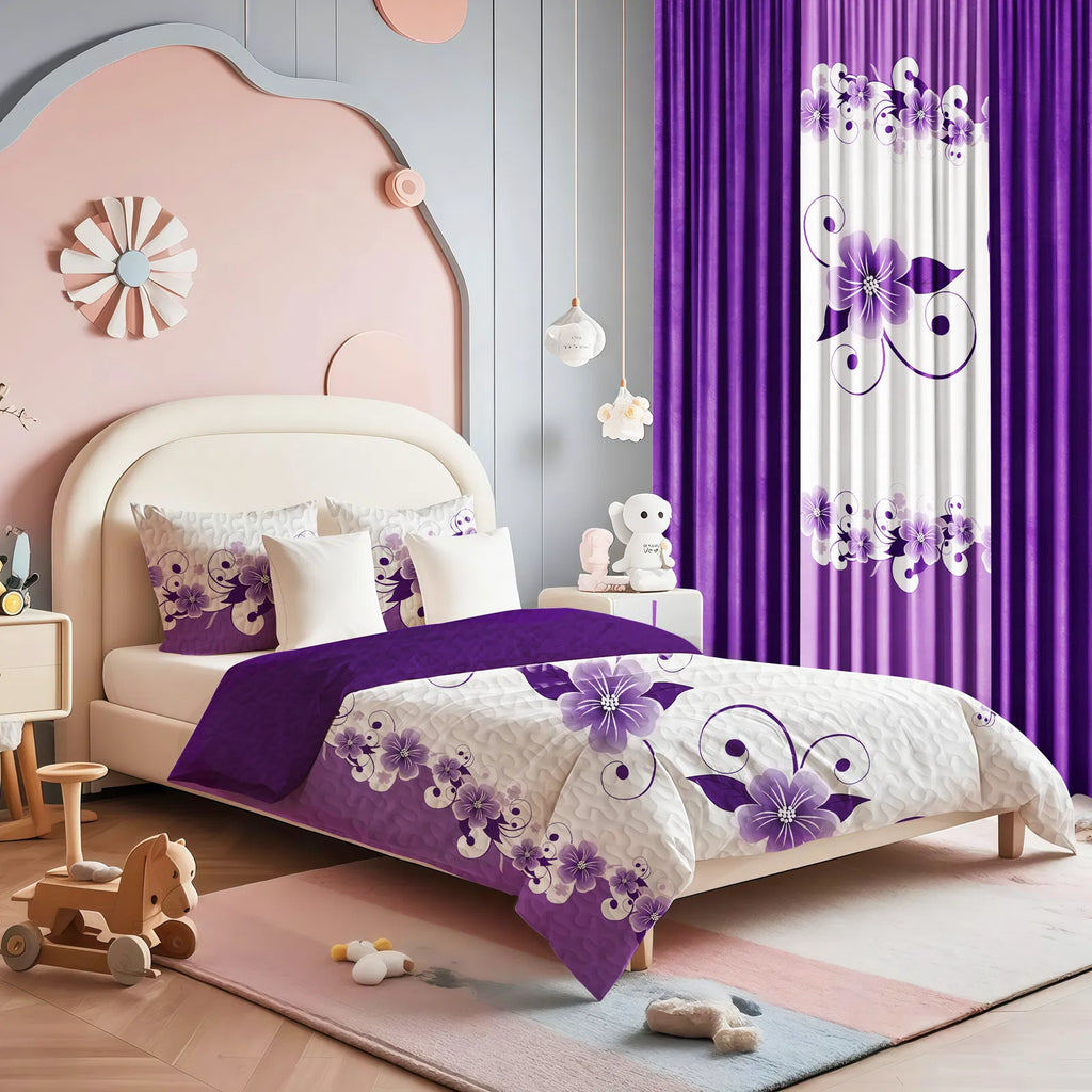 Ensemble de lit et de rideau floral pour 9 pieces (Queen/King/Cal King) - Lit en microfibre matelassé