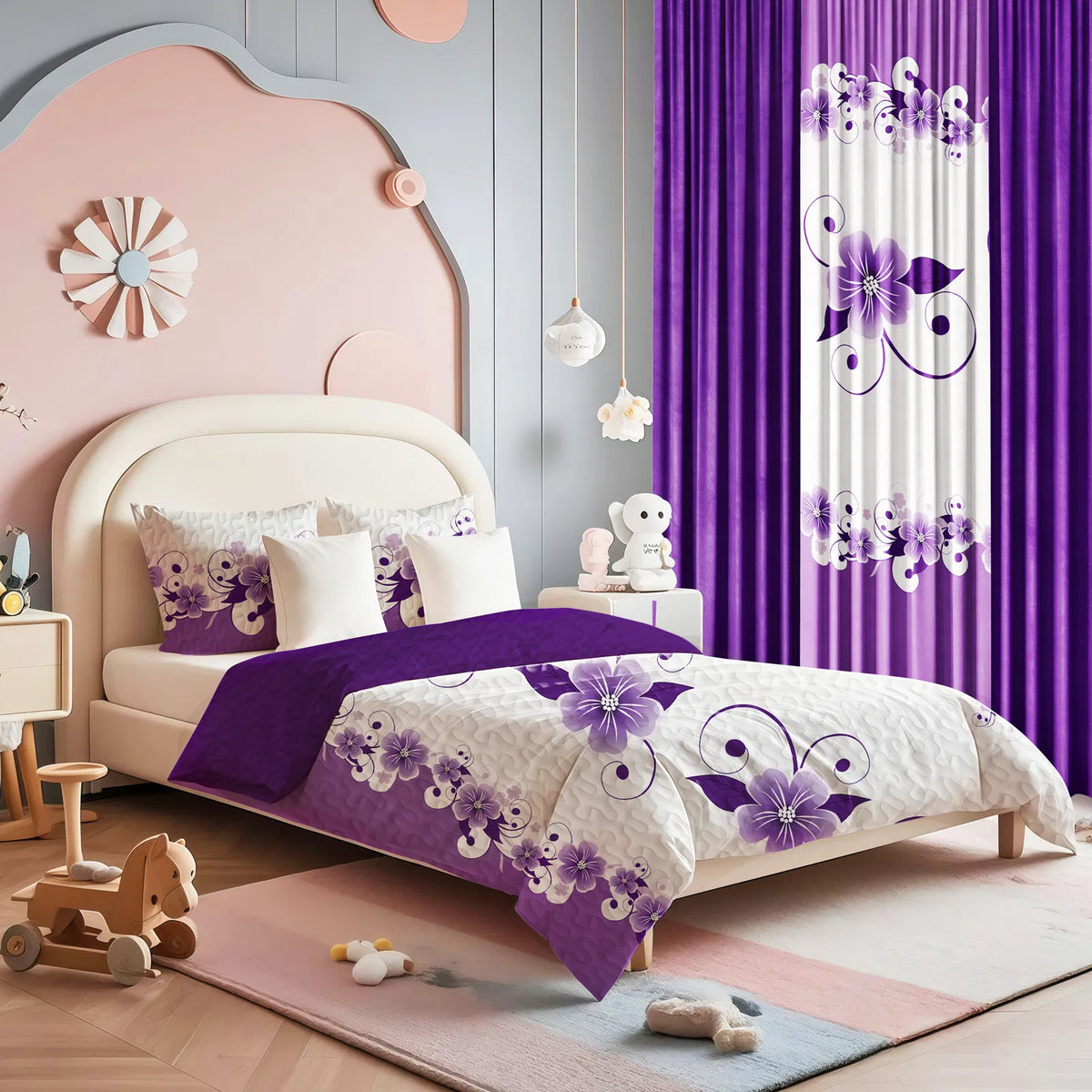 Ensemble de lit et de rideau floral pour 9 pieces (Queen/King/Cal King) - Lit en microfibre matelassé