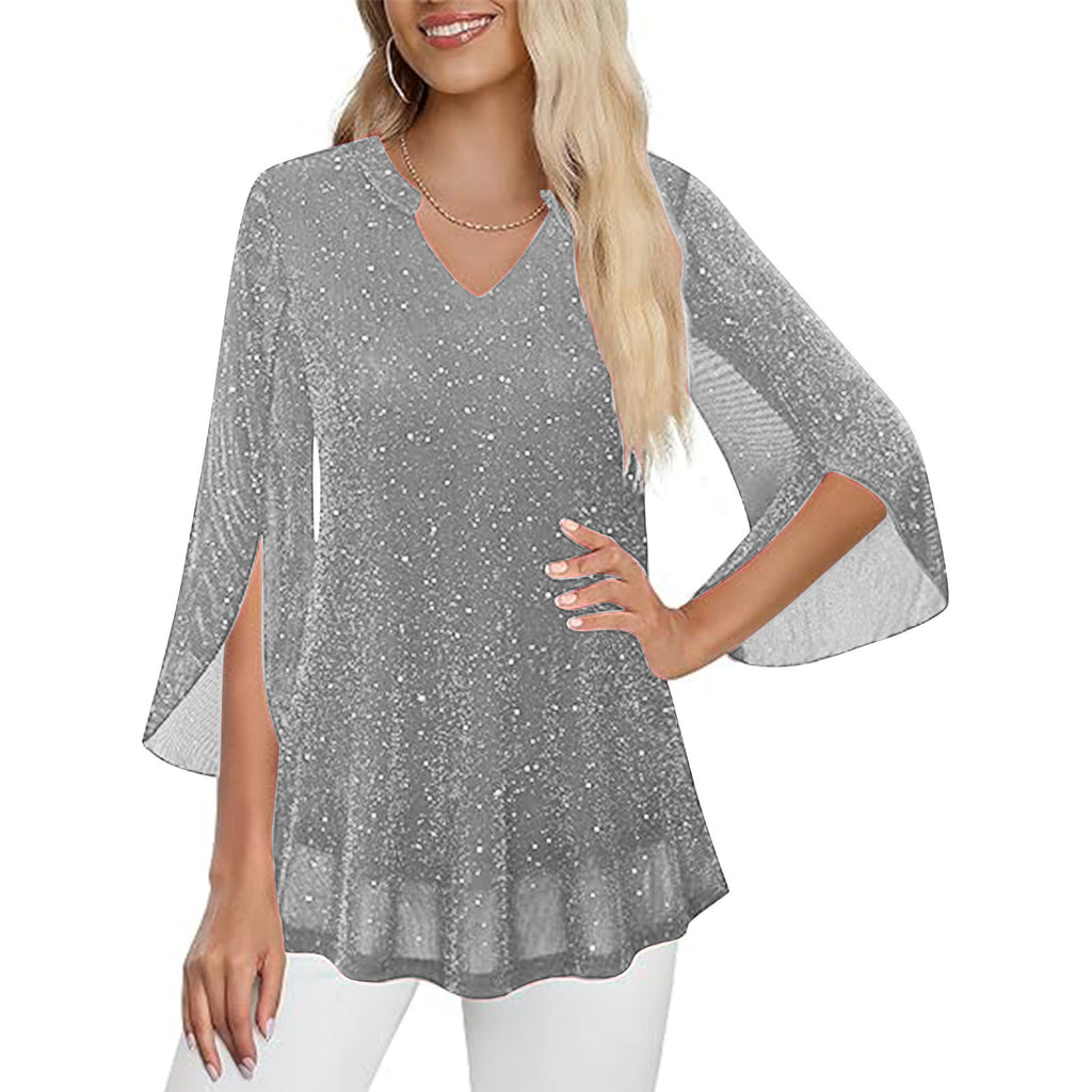 Croped Bell-Sleeve V-Neck Déplacement Top avec Double-Layer Silver-Thread Mesh