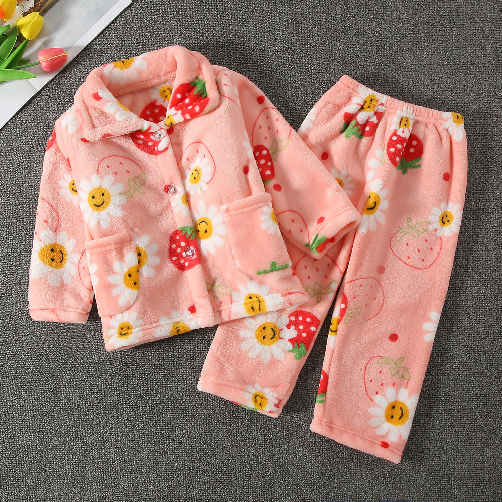 Printemps et automne Flannel de garçons et filles Mignon Kawaii Cartoon Animal Homewear