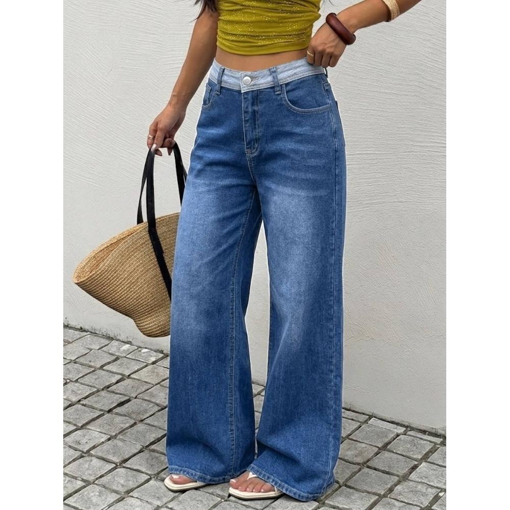 Femmes Contraste Waistband Haute Denim Jeans Denim Moyen Bleu Loose Large Leg Soft Laved Cas