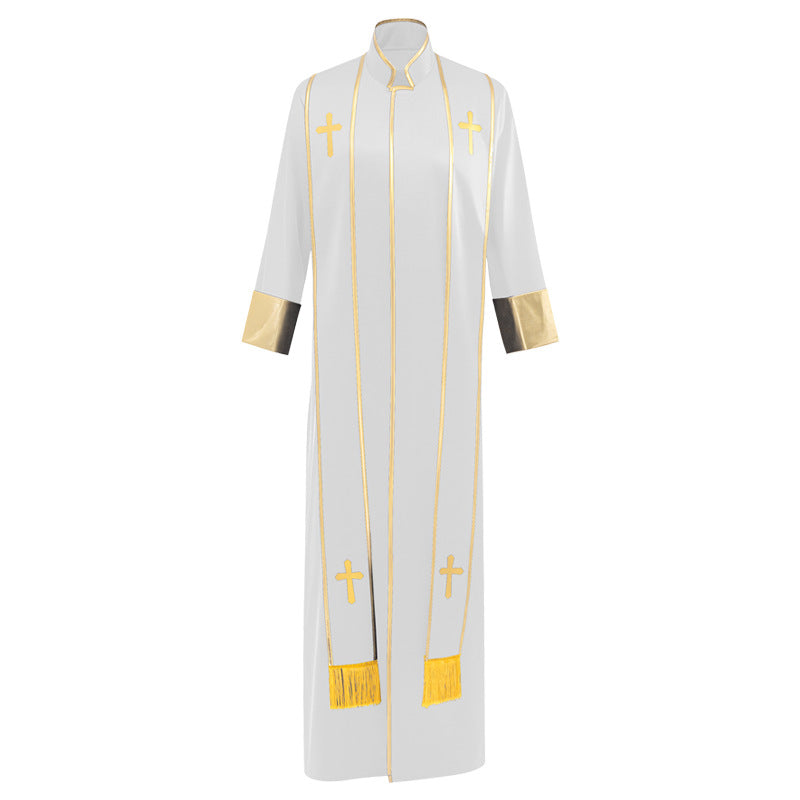 La tenue du pasteur avec broderie croisée multicolore et collier debout