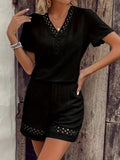 Vente à chaud Europe et Amérique Style V-col Patchwork Short manches courtes Solid Color Short Set