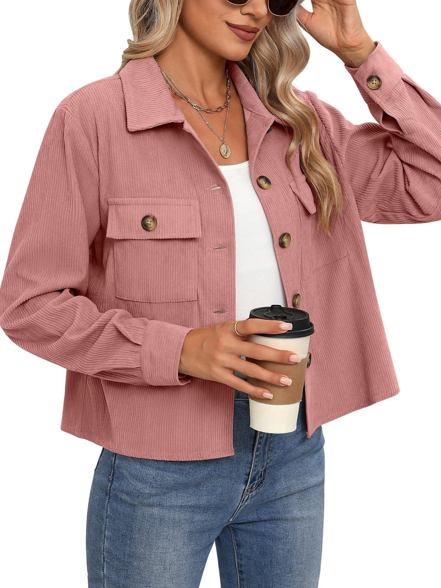 Femmes Casual Corduroy Bouton vers le bas Veste taillée Mode Court Top