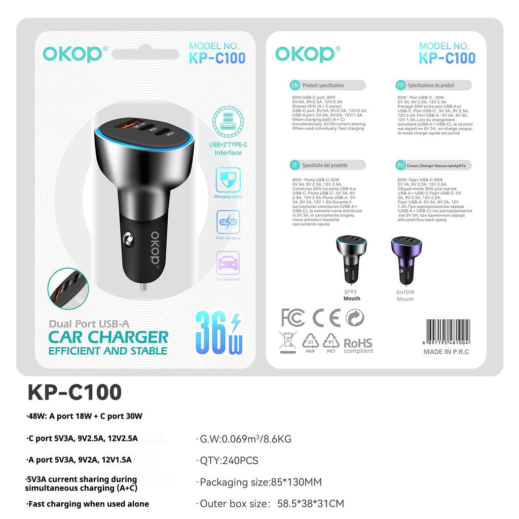 KP-C100 Super-Fast Car Chargeurs MP3 Lecteurs USB multi-ports Type-C En stock