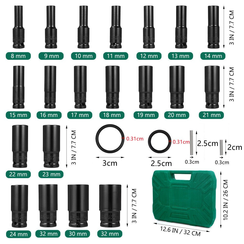 Set de sockets à impact profond de 20PCS 12'' 8-32mm pour garage métrique
