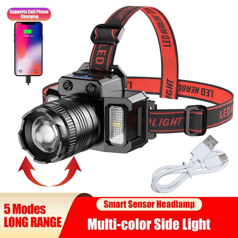 LED Tactical Headlamp Head Torch USB Rechargeable Motion Sensor Headlight Zoomable 5 Modes