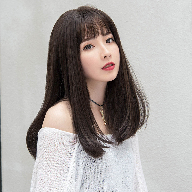 Japonais et Coréen Wig Femmes Air Bangs Moyen Long Droite
