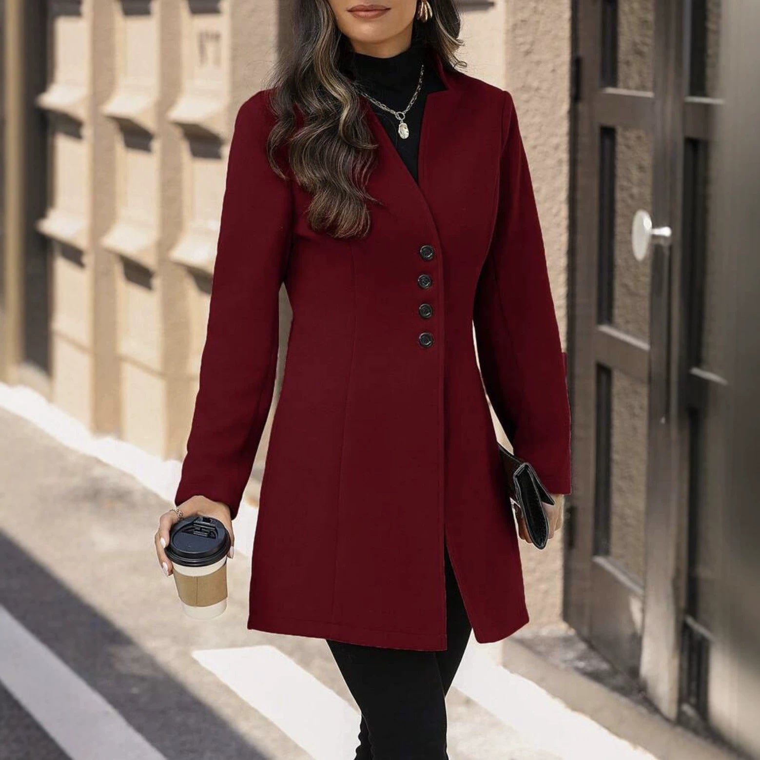 Élégante laine Stand-collar Trench Coat Style mi-long pour les femmes