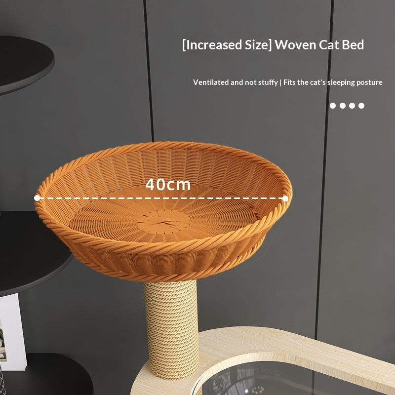 Arbre de chat en bois massif avec plates-formes multi-niveaux et lit de chat en rotin tissé