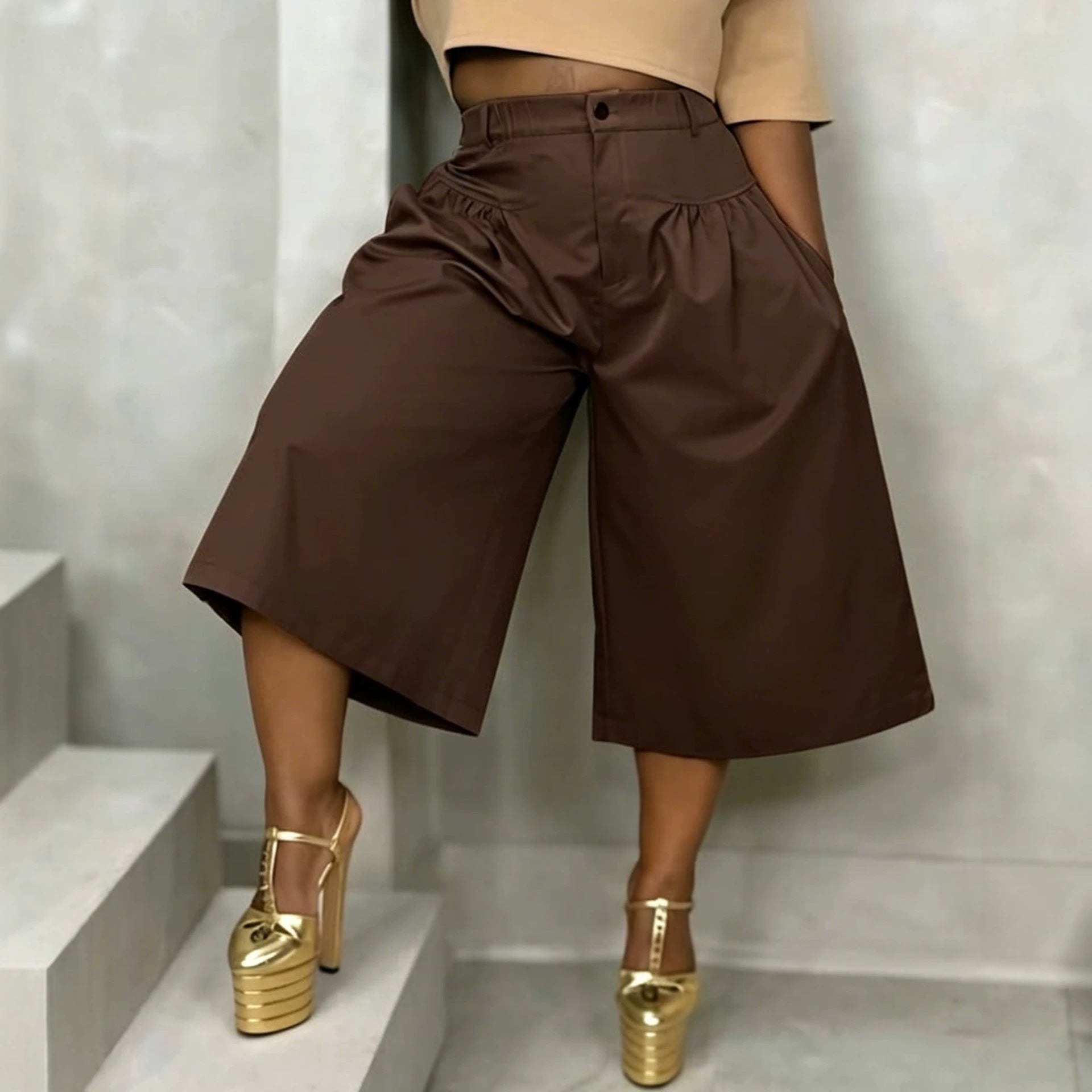 Ld2849 Khaki semi-élastique Waistband Front plissé large-leg Loose Fit Drapey Straight Casua
