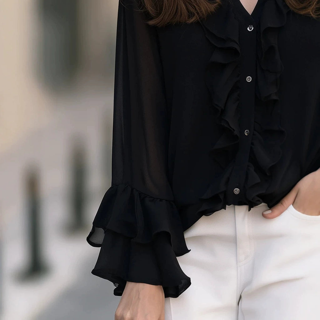 Collier retro-style d'arrivée étouffé et blouse d'ourlet flottante pour femmes