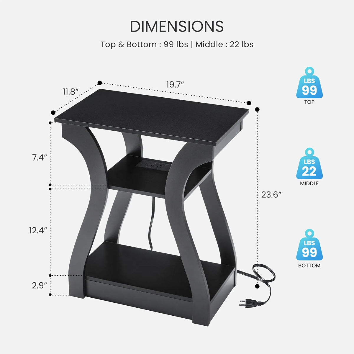 Table de chevet 3-Tier avec station de recharge