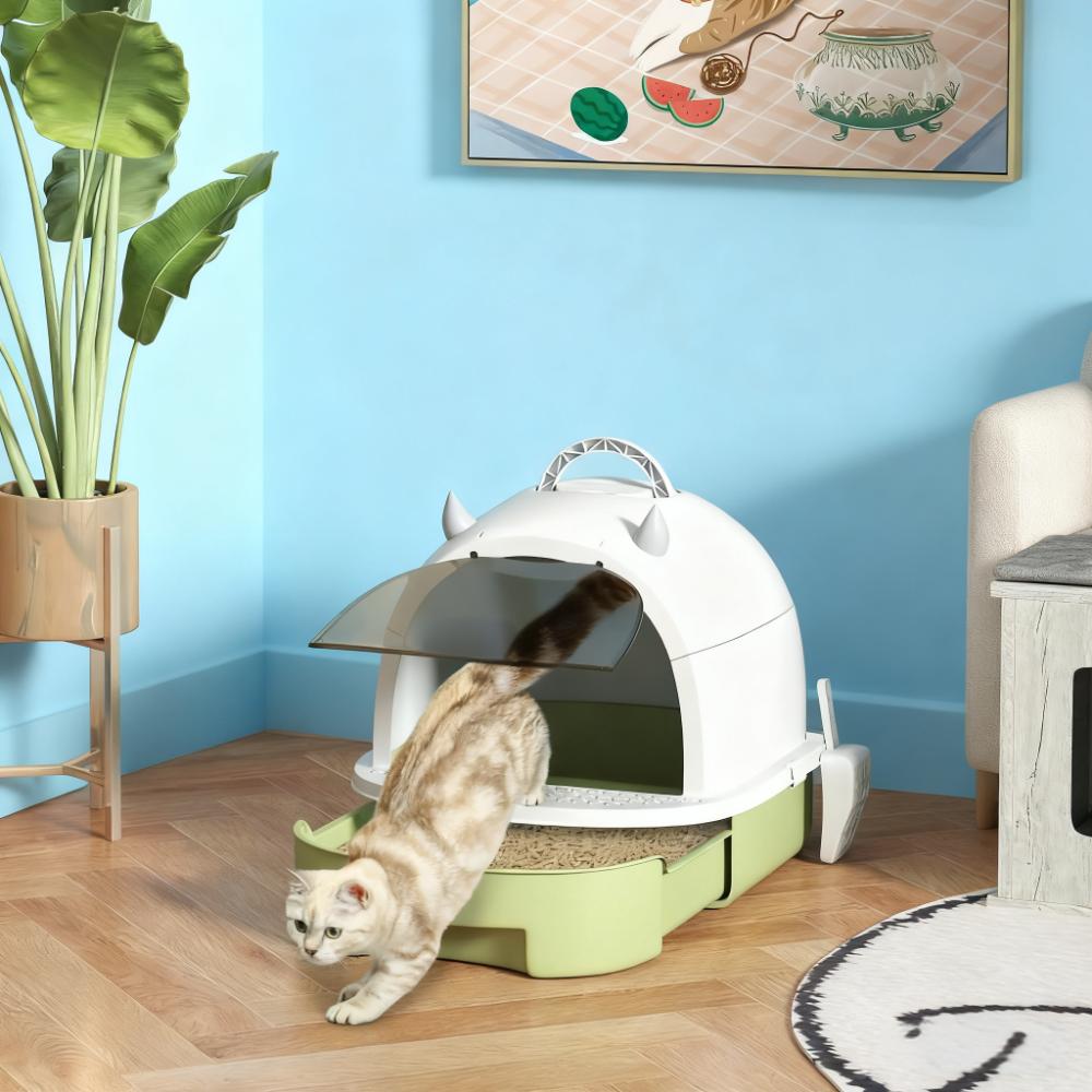 Boîte à litière pour chat vert avec couvercle