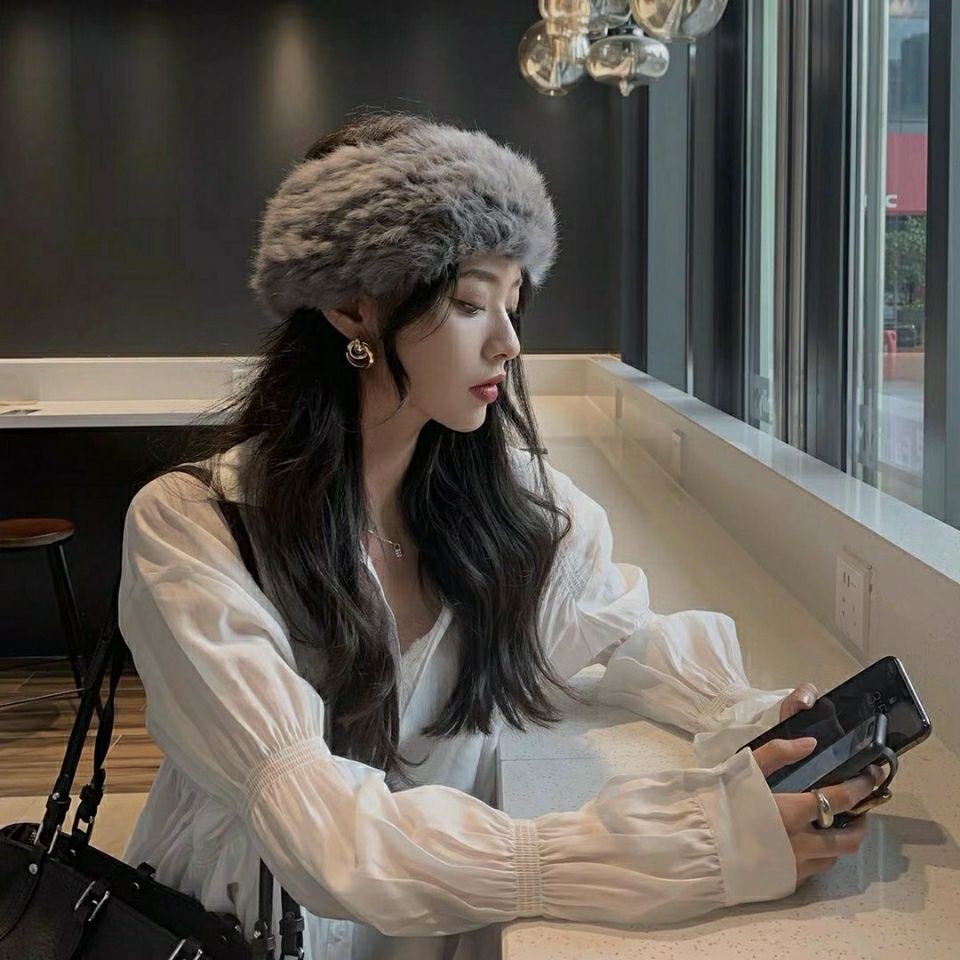 Influenceur Style Lapin Fur Visor pour l'automneHiver chaud Fashionable et large bande de tête en peluche