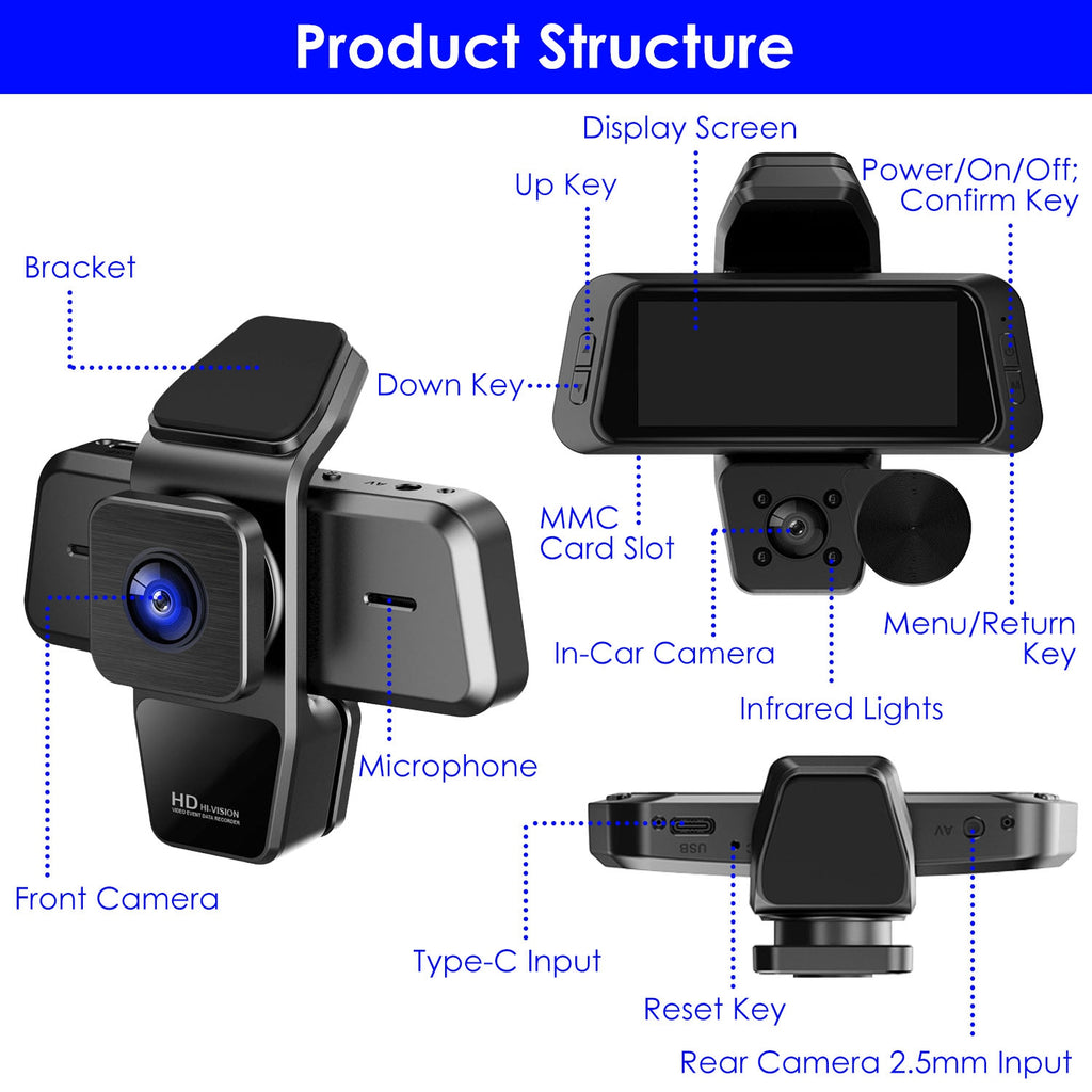 1080P FHD 3 Channel WiFi Dash Cam 170 Degree Wide Angle Caméra de voiture triple avec IR Night G