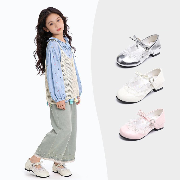 Fille Princesse Chaussures Mode Versatile Petit Cuir Chaussures Fille Lolita Haut Talons Bow Singl