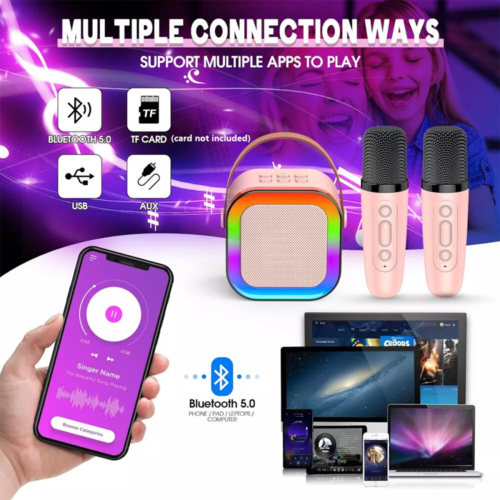 Haut-parleur Bluetooth Mini Karaoké pour enfants portables avec 2 microphones sans fil pour garçons