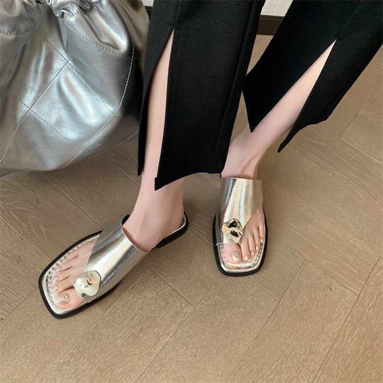 Femmes Minimalist Irrégulier métal Buckle Square Toe String Sandales coulissantes