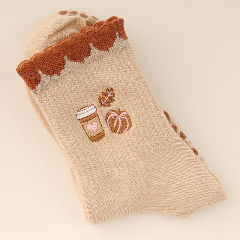 Chaussettes de yoga avec broderie cerise et citrons