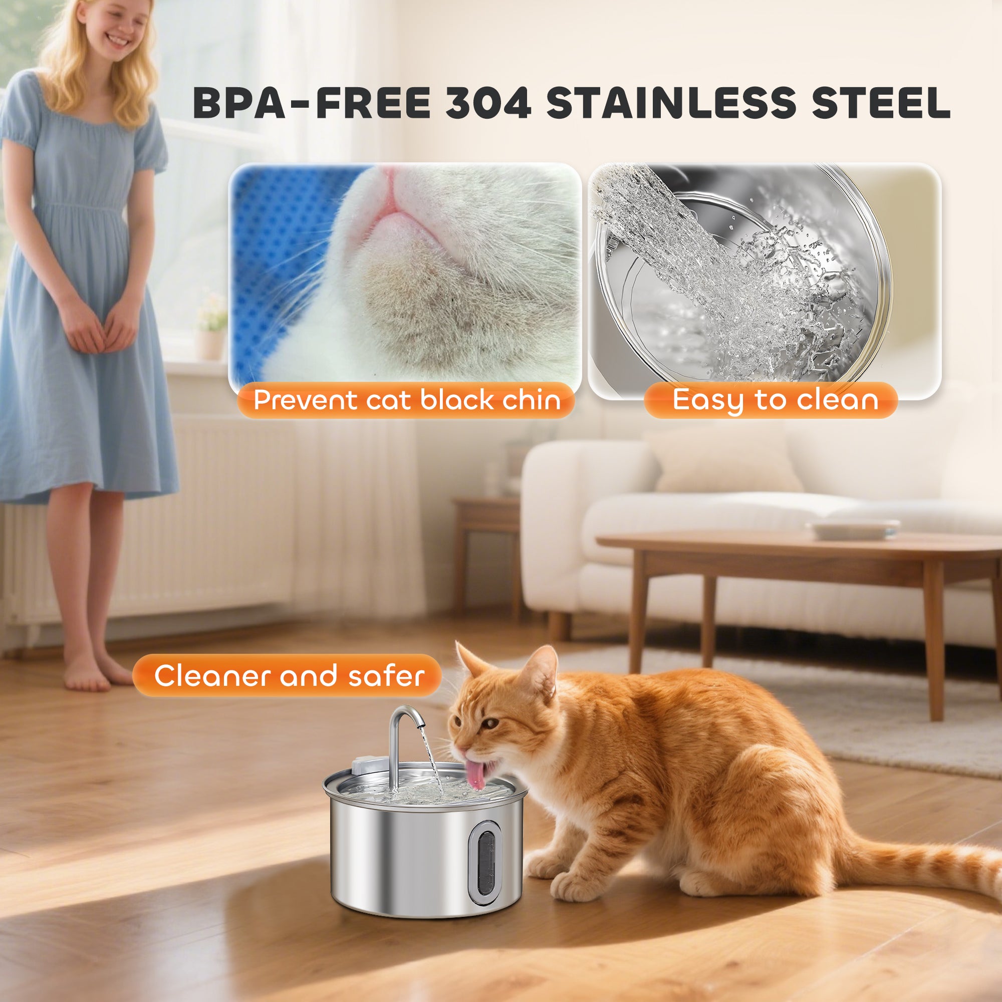 Fontaine d'eau de chat en acier inoxydable 2,5L avec fenêtre de niveau d'eau de pompe ultra silencieux et 7 fils