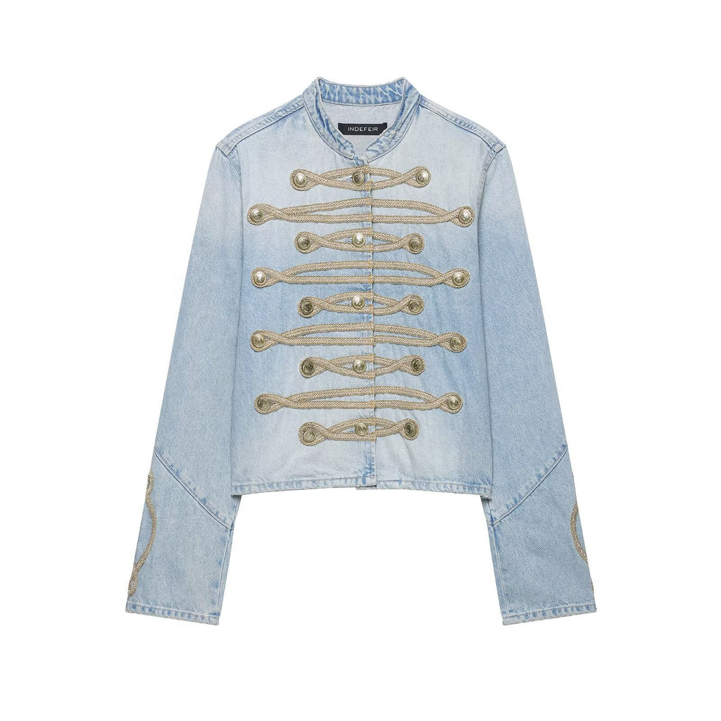 Veste Denim de style vintage avec un collier de support et une plaque à bouton avant