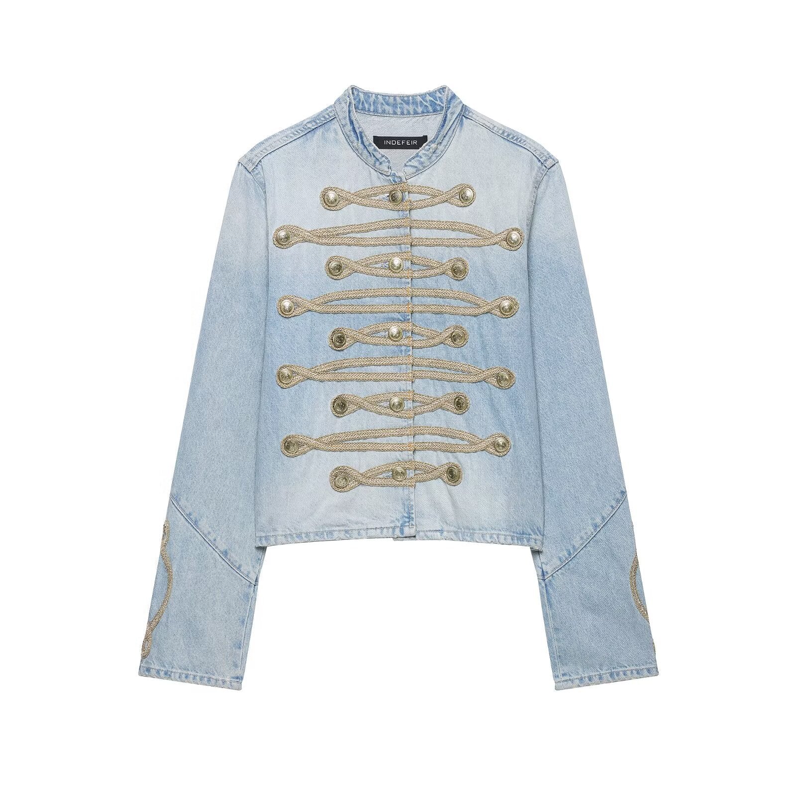 Veste Denim de style vintage avec un collier de support et une plaque à bouton avant