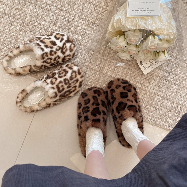 Baotou Pantoufles poilues Flat Botted French Retro Warm Leopard Print Chaussures en peluche