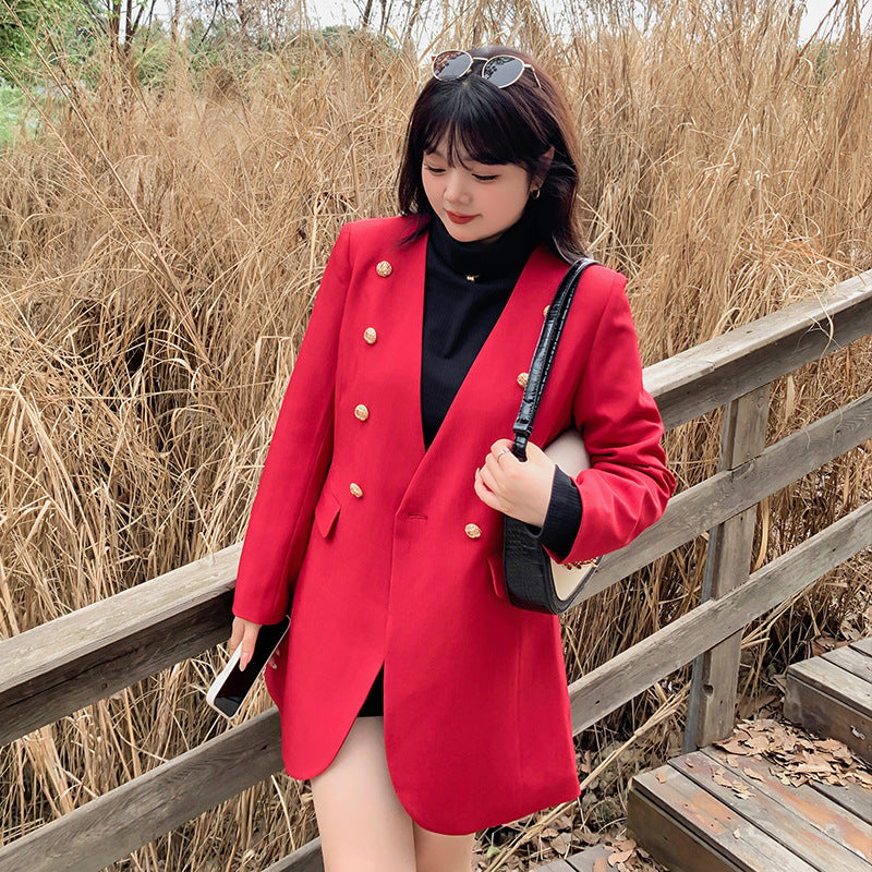 Veste à deux seins sans collier pour femmes de grande taille d'automne