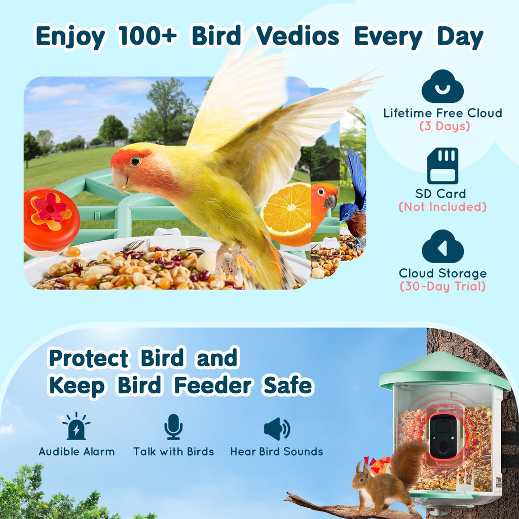 VEVOR Smart Bird Feeder avec caméra 2K HD AI Identifier les espèces d'oiseaux Capture automatique