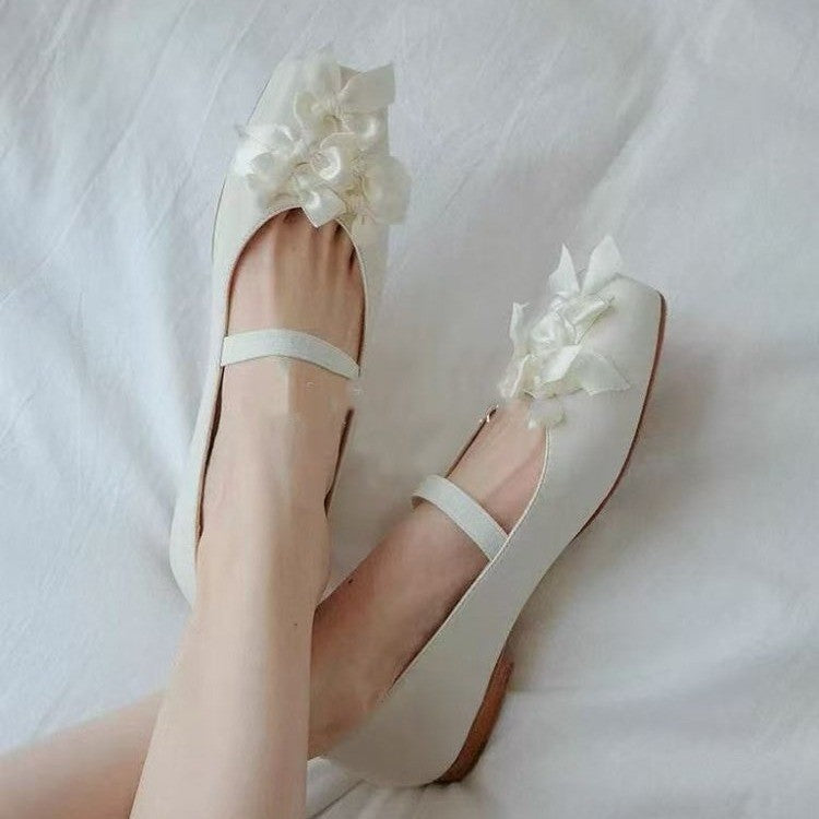Femmes Français Bow Square Toe Mary Jane Chaussures Elegant Block Talon Soft Sole Low Cut Ballet Fl