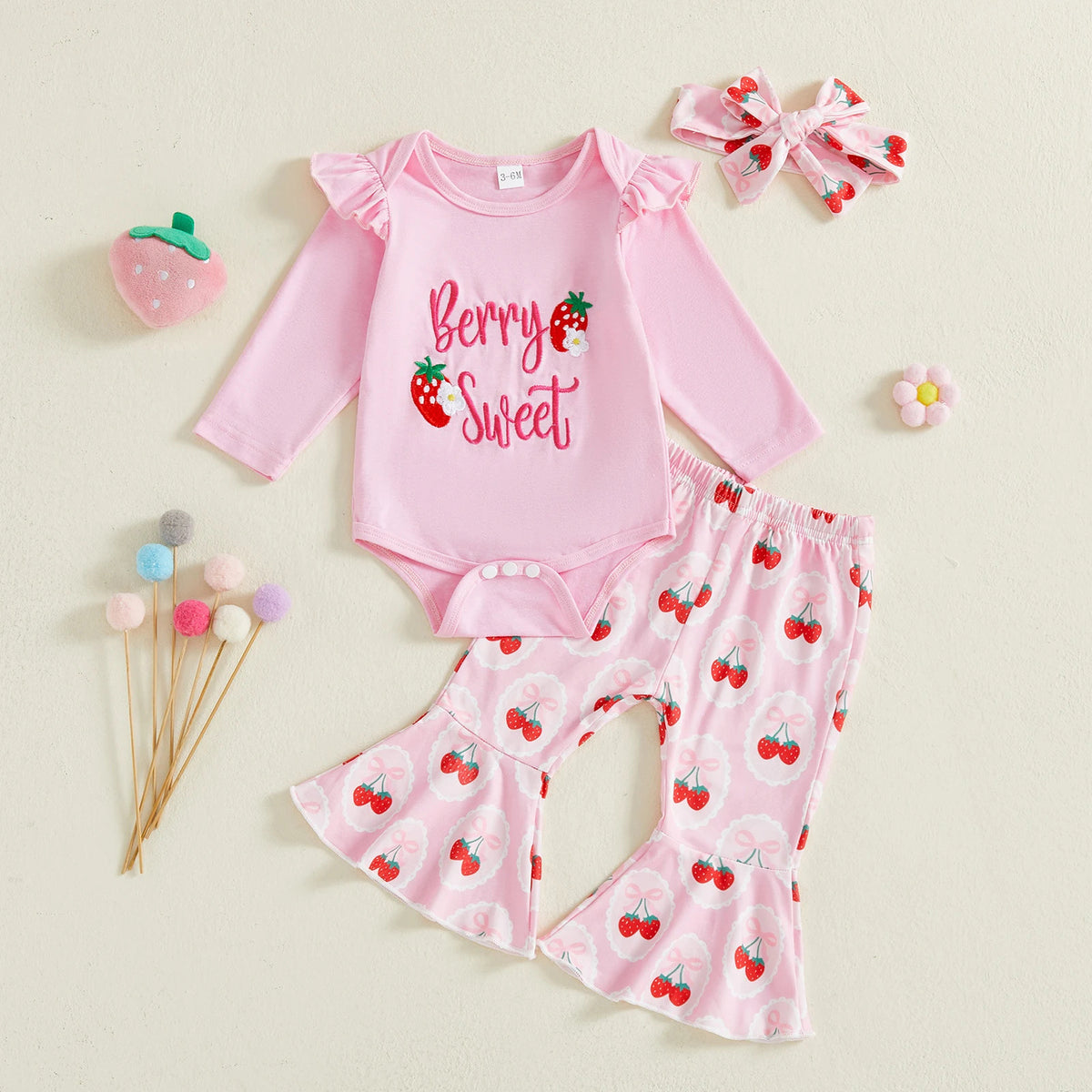 Brodé manches longues Romper imprimé Pantalons et bandeau trois pièces