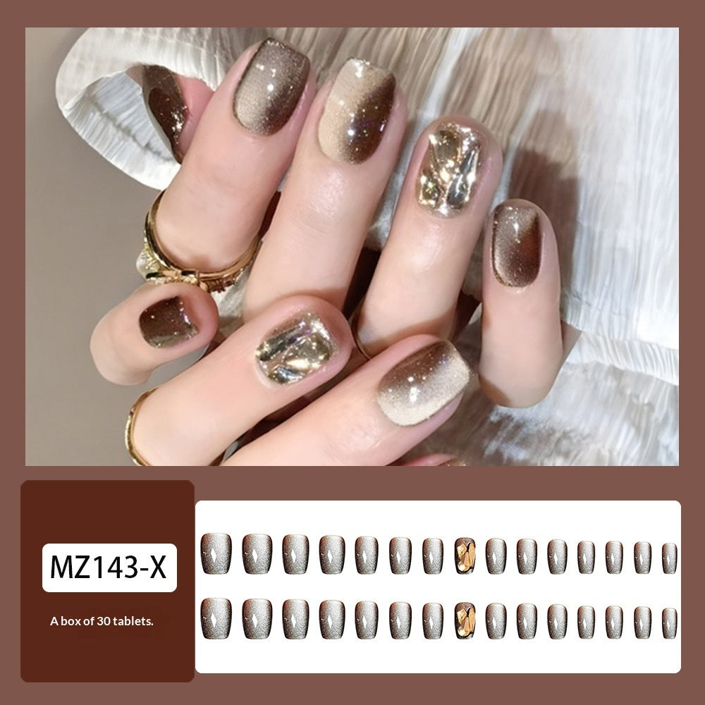 Y2K Faites vous-même glamour 30 pièces de faux ongles carrés taillés Coffee Cat's Eye Rhins