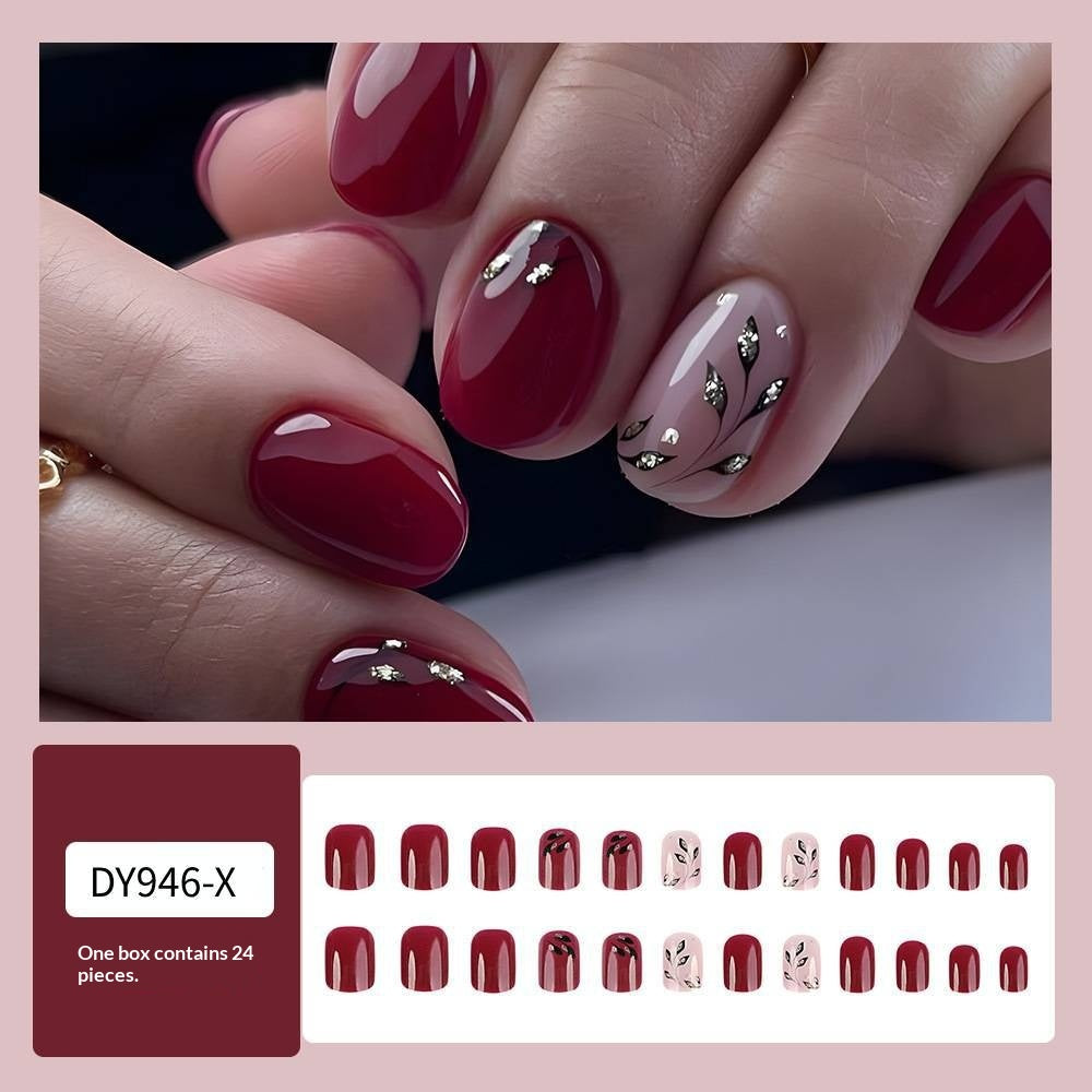 Short Square Y2K Cerise Rouge Sequin Leaf Reflection Design Jeu d'art à ongles