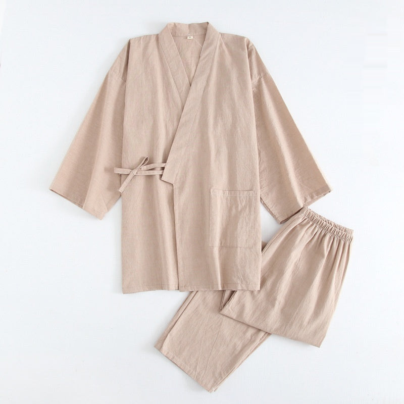 Coton Lavé Pyjama costume mince rayé hommes et femmes japonais couple Kimono pantalons
