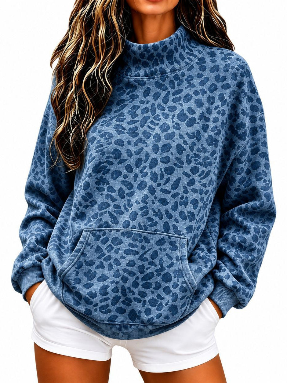 La mode européenne et américaine Leopard Imprimer Sweatshirt à col élevé pour les femmes
