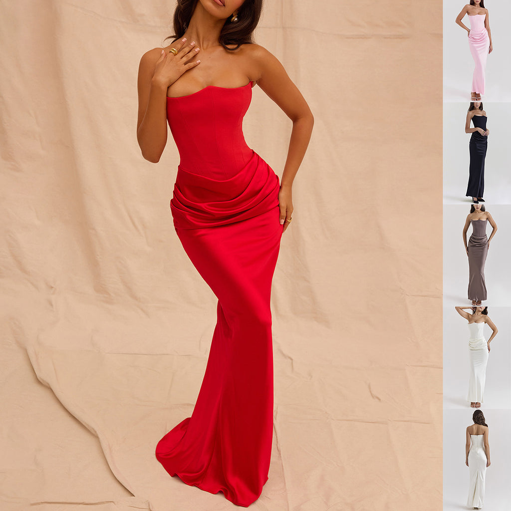 Slim Tube Top Robe longue Sexy Mode Bandeau Robes de soirée sans dos pour les femmes Clo
