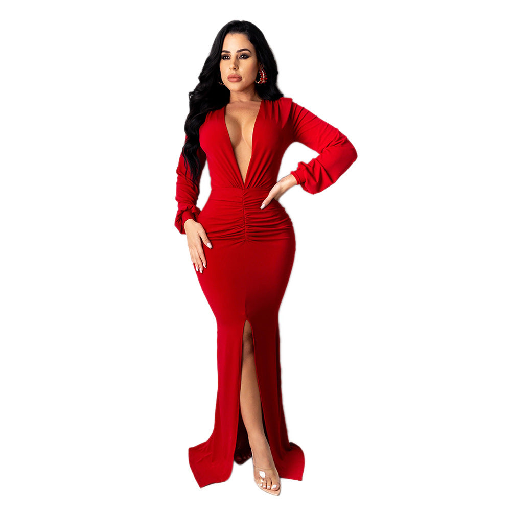 Women's V-Neck Wide Collar Evening Dress