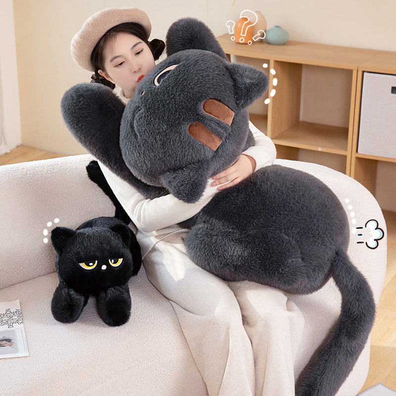 Jouet d'oreiller en peluche de grande poupée Chat noir couché