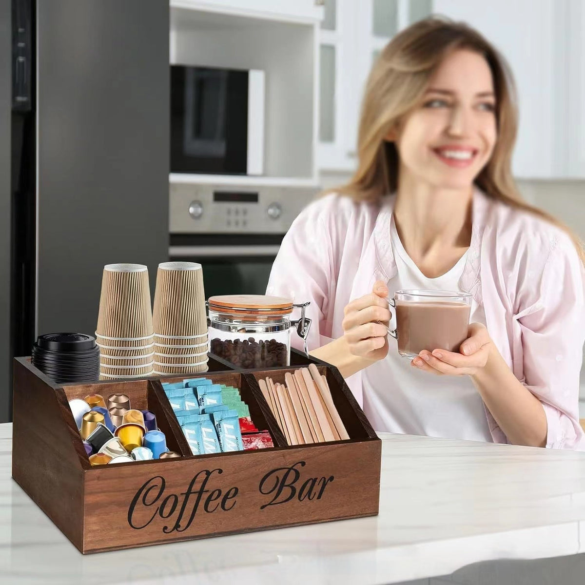 Organisateur de bureau de la boîte de rangement de café en réseau en bois