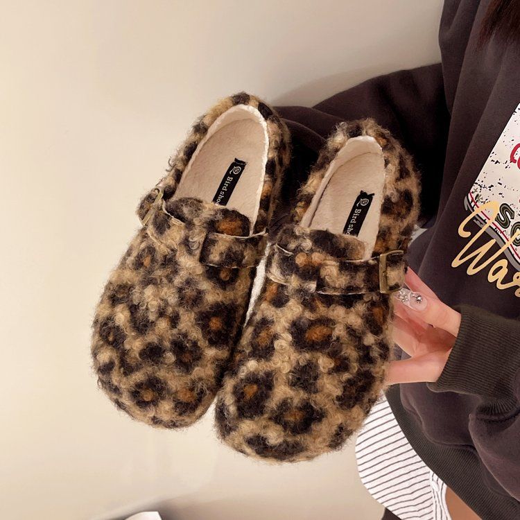 Leopard Print Furry Clogs femmes boucle sangle chaude polaire doublée glisser sur chaussures plates