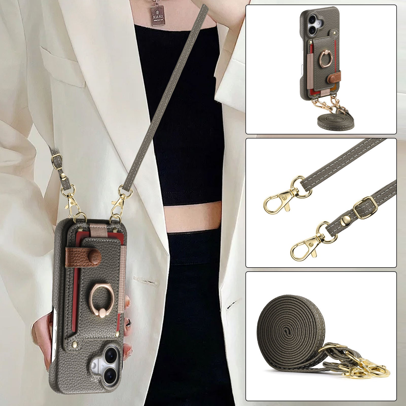 Long Crossbody Lanyard en cuir avec des fentes de carte pour le stockage