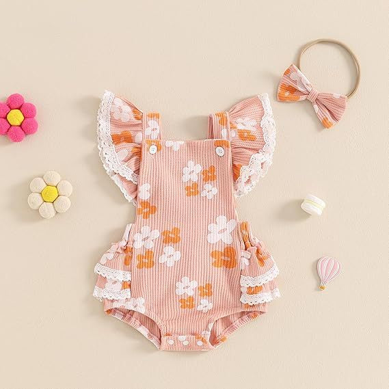 Baby Sunken Stripe Fleur Romper En Stock Vente en gros