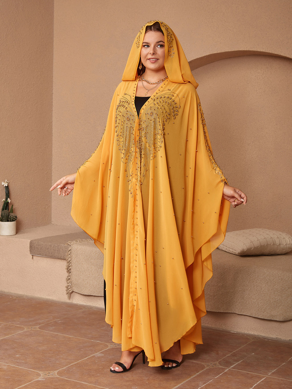 Style musulman Strass Perles Haute Densité Chiffon Cape Et Châle