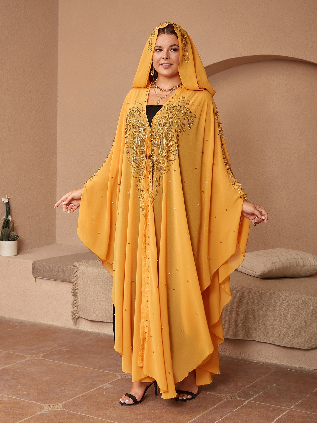 Style musulman Strass Perles Haute Densité Chiffon Cape Et Châle