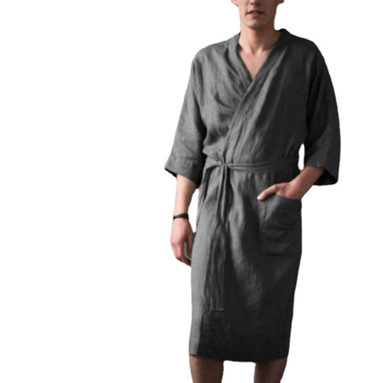 Homme et femme Long Solid Color Lin Pajamas Robe peignoir