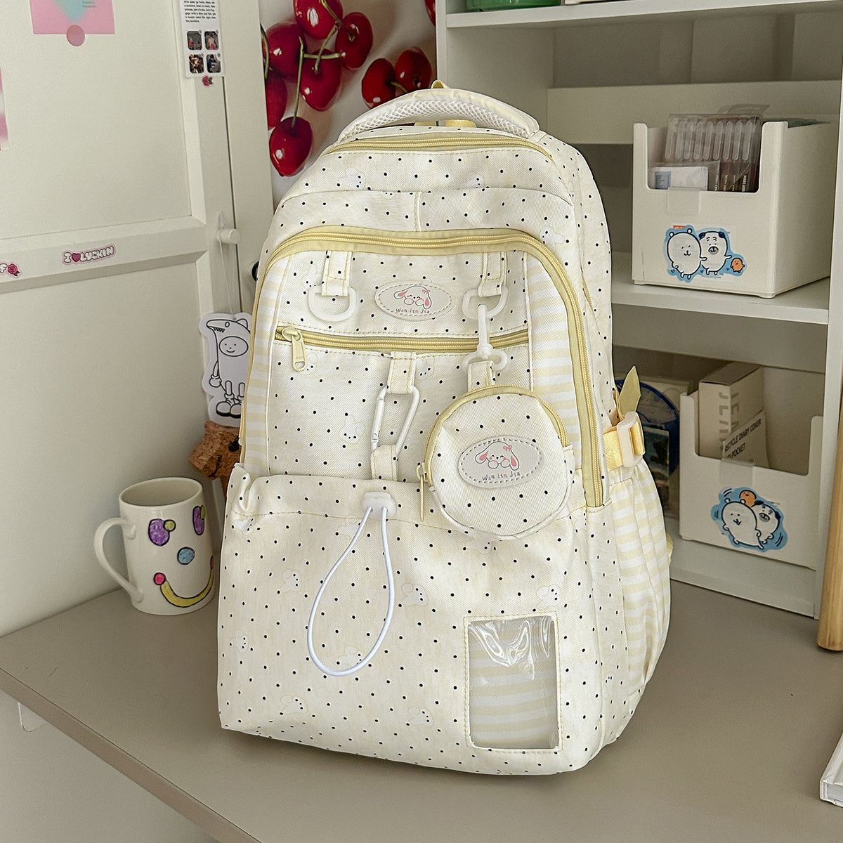 Sac à dos pour filles de style Polka-Dot Rose et Blanc