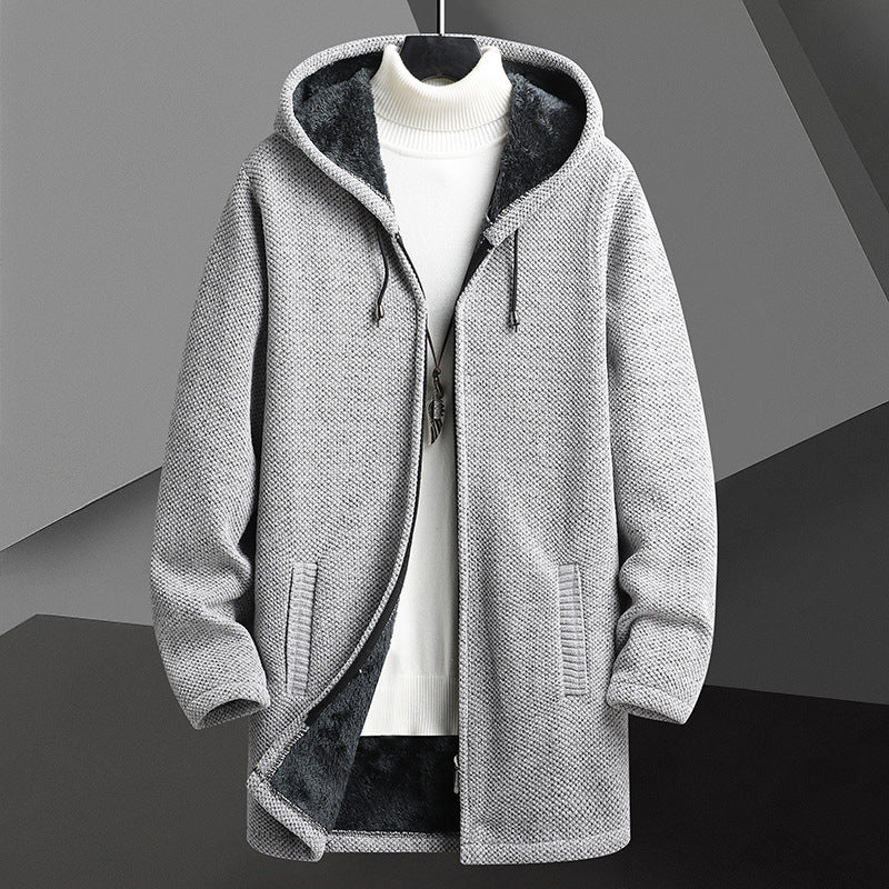 Automne d'hiver Hommes doublés de polaire mi-longueur Zipper Chandail à capuche Cardigan