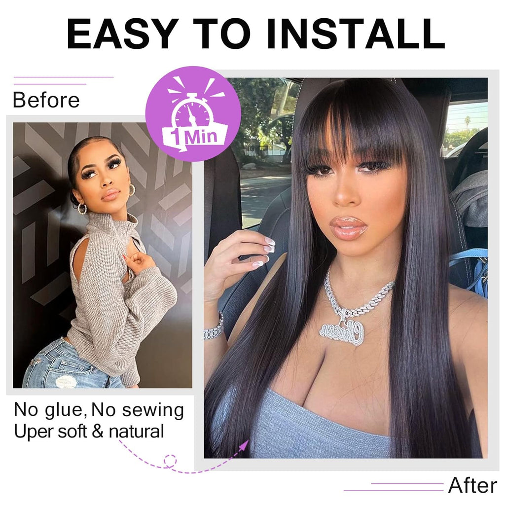 Perruque droite de cheveux humains faite à la machine avec des bangs