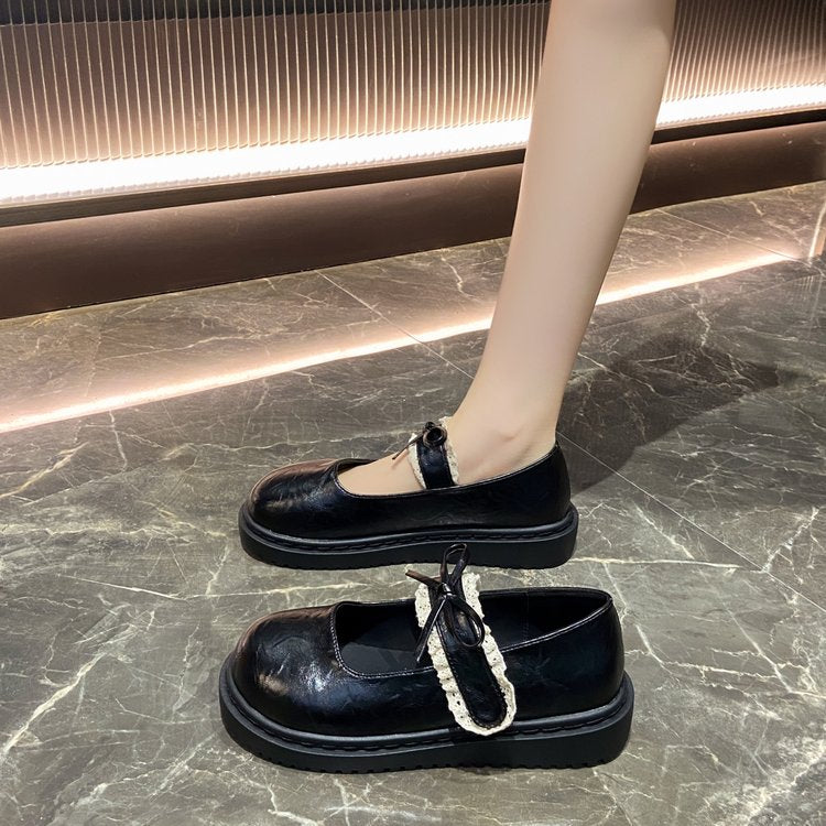 Women's Bow Decor Leather Shoes Spring Autumn Round Toe Versatile College Style Velcro Retro